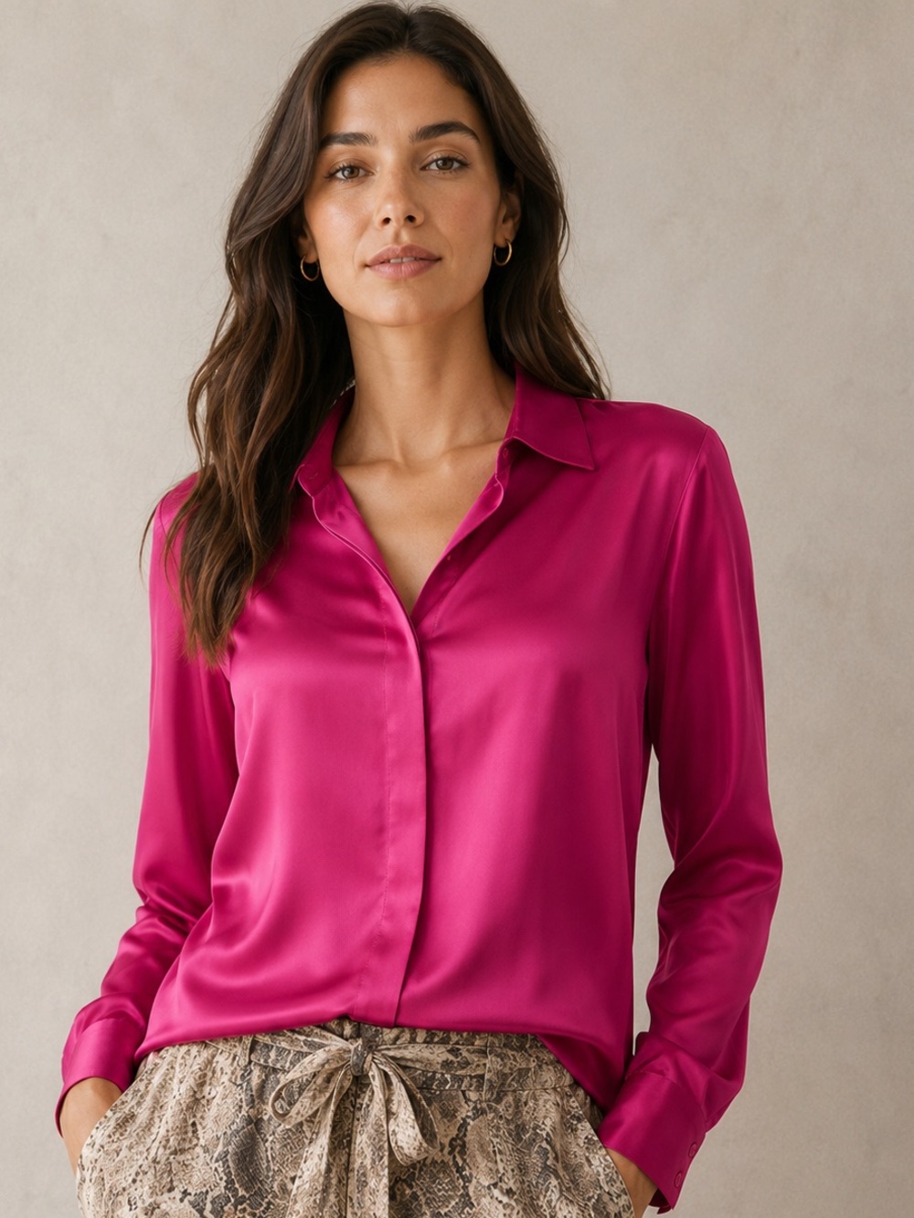 Alexia Admor Fuchsia Satin Button-Down Blouse size 6